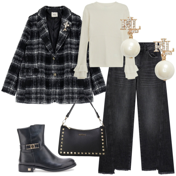 Outfit donna - Total look #2284466. Stile Urban per Tutti i giorni. Abbinamento con jeans, pochette, maglieria, blazer, orecchini, stivaletti.