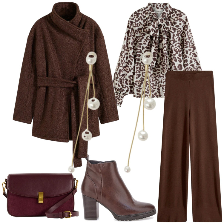 Outfit donna - Total look #2284471. Stile Casual chic per Serata fuori. Abbinamento con pantaloni, camicie, blazer, borse a mano, orecchini, stivaletti.