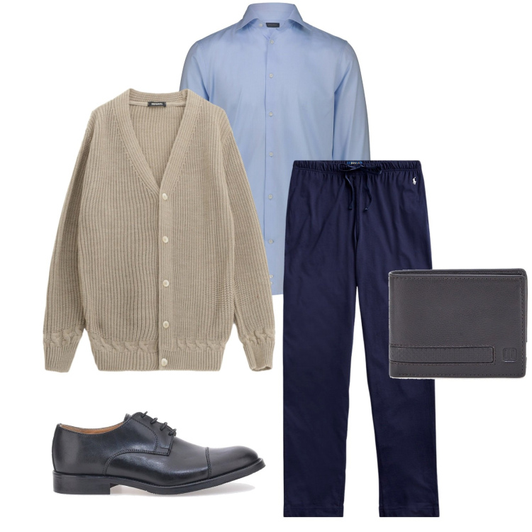 Outfit uomo - Total look #2284477. Stile Business/Elegante per Ufficio. Abbinamento con cardigans, pantaloni, portafogli, scarpe stringate, camicie.