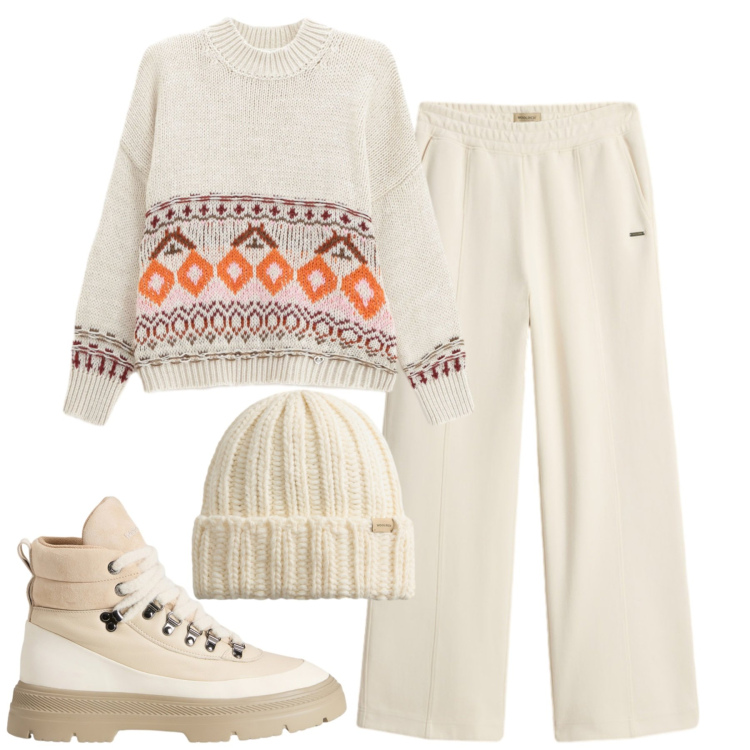 Outfit donna - White. Stile Casual chic per Tutti i giorni. Abbinamento con maglieria, pantaloni, berretti, anfibi.