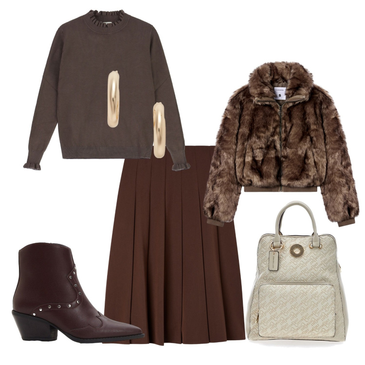 Outfit donna - Total look #2284480. Stile Casual chic per Tutti i giorni. Abbinamento con stivaletti texani, gonne lunghe, ecopellicce, maglieria, orecchini, zaini.