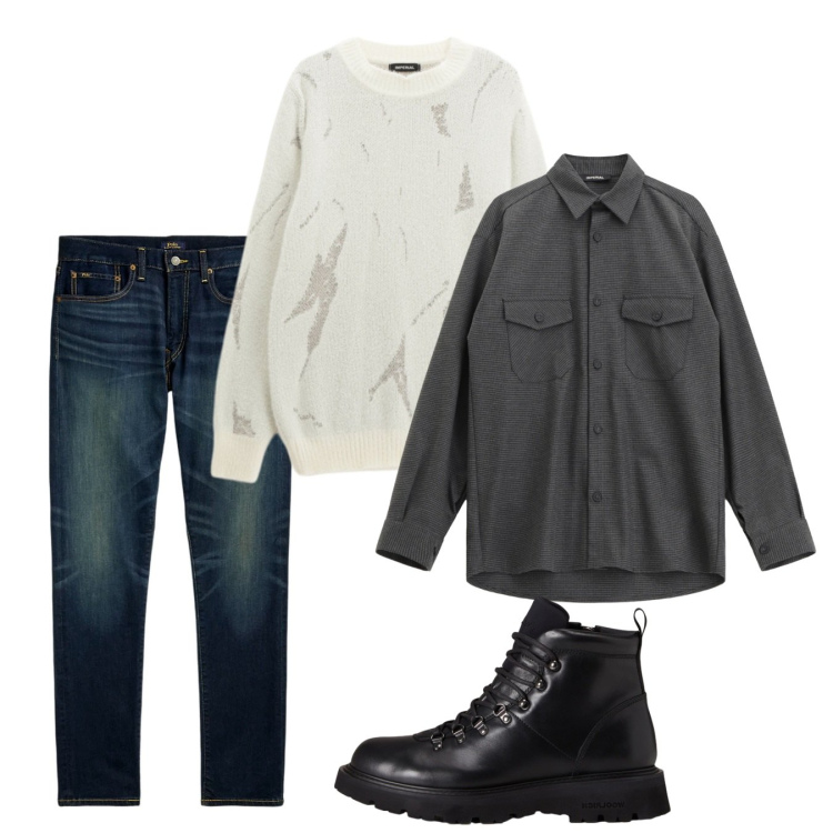 Outfit uomo - Novembre. Stile Casual per Tutti i giorni. Abbinamento con maglieria, camicie, jeans, stivali e stivaletti.