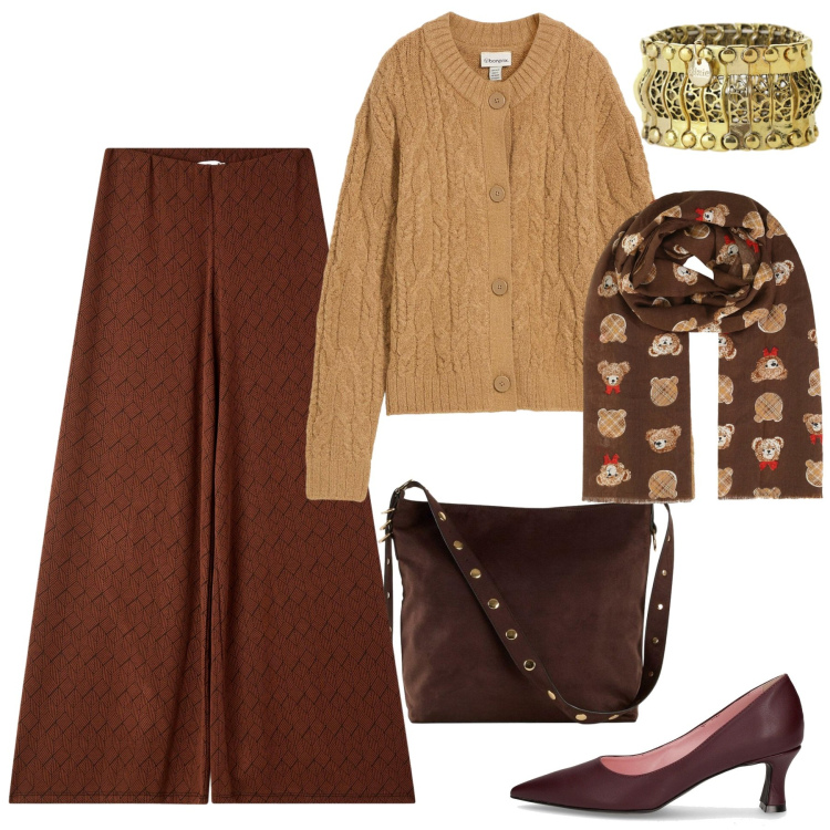 Outfit donna - Miele e caramello - curvy. Stile Casual chic per Ufficio. Abbinamento con cardigans, shopping bag, pantaloni, foulard, anelli, décolleté.