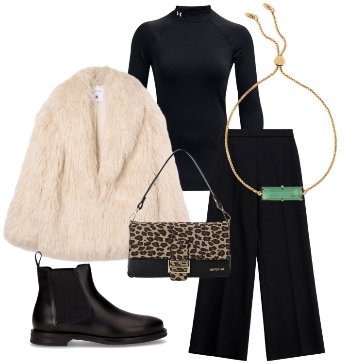 Outfit donna - Total look #2284483. Stile Casual chic per Tutti i giorni. Abbinamento con ecopellicce, borse a spalla, pantaloni, braccialetti, pullovers, stivaletti chelsea.