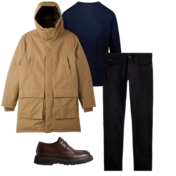 Outfit uomo - Total look #2284485. Stile Casual per Tutti i giorni. Abbinamento con parka, jeans, scarpe stringate, maglieria.