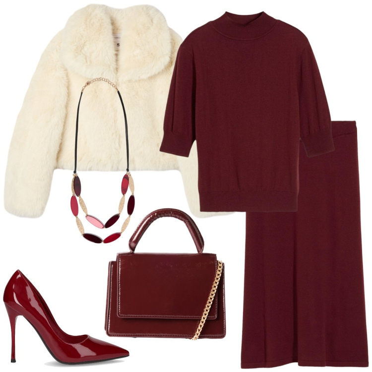 Outfit donna - In rosso. Stile Chic per Tutti i giorni. Abbinamento con maglieria, gonne, ecopellicce, borse a tracolla, collane, décolleté.