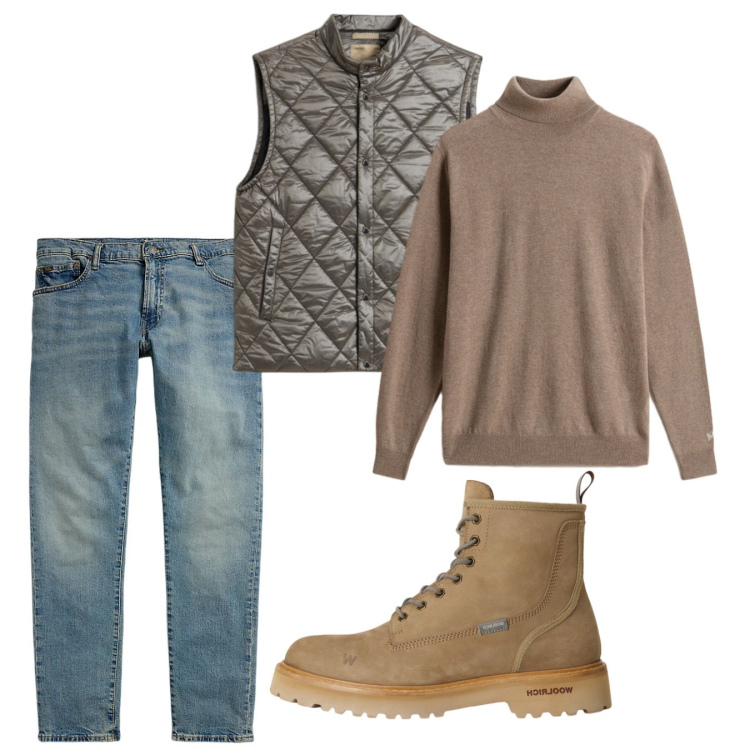 Outfit uomo - Autunno. Stile Casual per Tutti i giorni. Abbinamento con jeans, maglieria, anfibi, gilet.