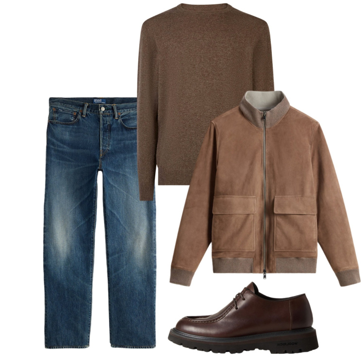 Outfit uomo - Autunno. Stile Casual per Tutti i giorni. Abbinamento con jeans dritti, bomber, scarpe stringate, maglieria.