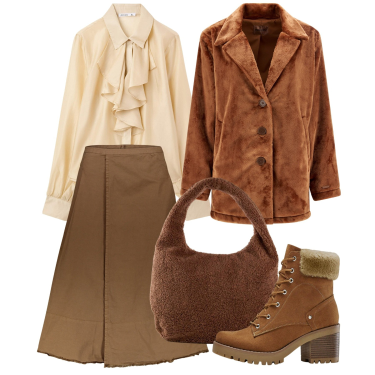 Outfit donna - Look color caramello - Focus Donna Curvy. Stile Bon Ton per Ufficio. Abbinamento con shopping bag, stivaletti, camicie, cappotti, gonne lunghe.