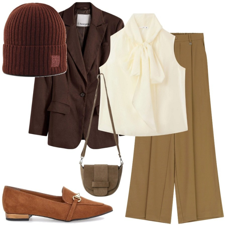 Outfit donna - Camicia con fiocco. Stile Mannish per Ufficio. Abbinamento con blazer, bluse, pantaloni a palazzo, borse a tracolla, berretti, mocassini.