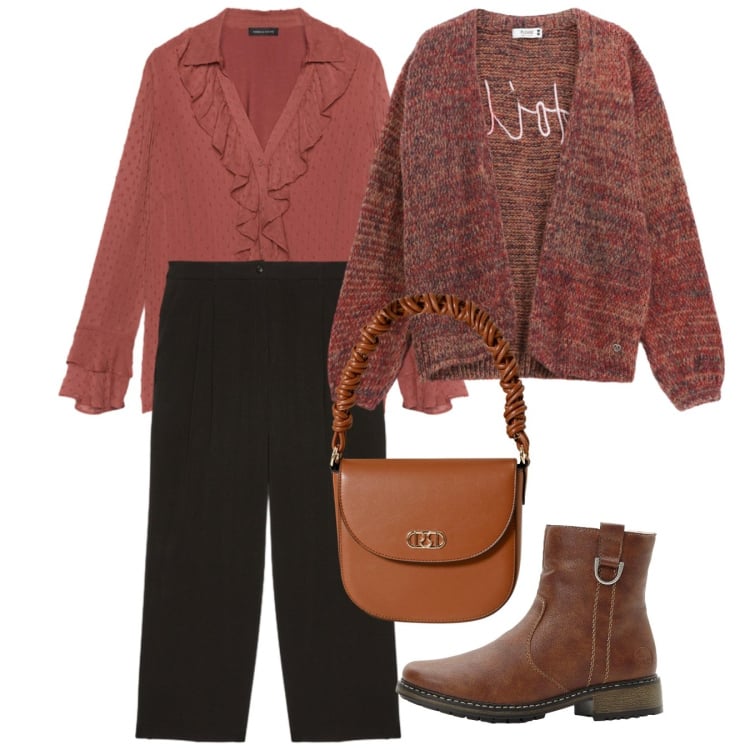 Outfit donna - Look color caramello - Focus Donna Curvy. Stile Bon Ton per Ufficio. Abbinamento con stivaletti, cardigans, borse a mano, bluse, pantaloni.