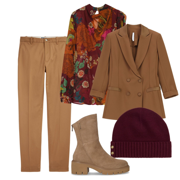 Outfit donna - Look color caramello - Focus Donna Curvy. Stile Bon Ton per Tutti i giorni. Abbinamento con blazer, camicie, pantaloni chino, berretti, stivaletti.