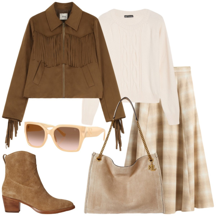 Outfit donna - Un po’ country. Stile Casual per Tutti i giorni. Abbinamento con maglieria, blazer, occhiali da sole, stivaletti, borse tote, gonne lunghe.