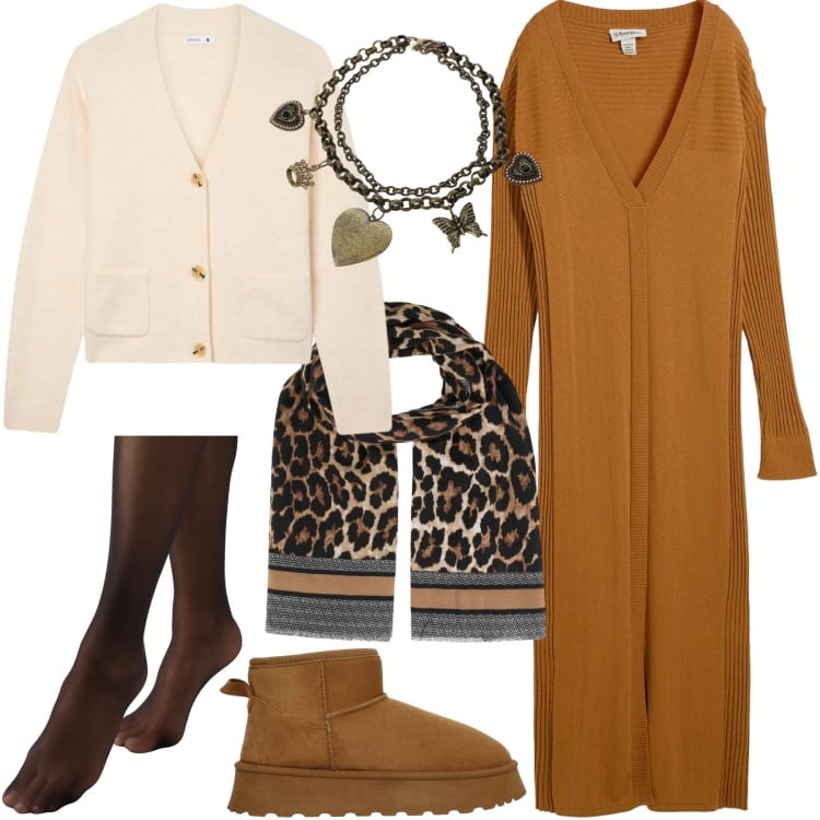 Outfit donna - Comfy autunnale - curvy. Stile Casual chic per Tutti i giorni. Abbinamento con vestiti, cardigans, stivali, collant, foulard, collane.