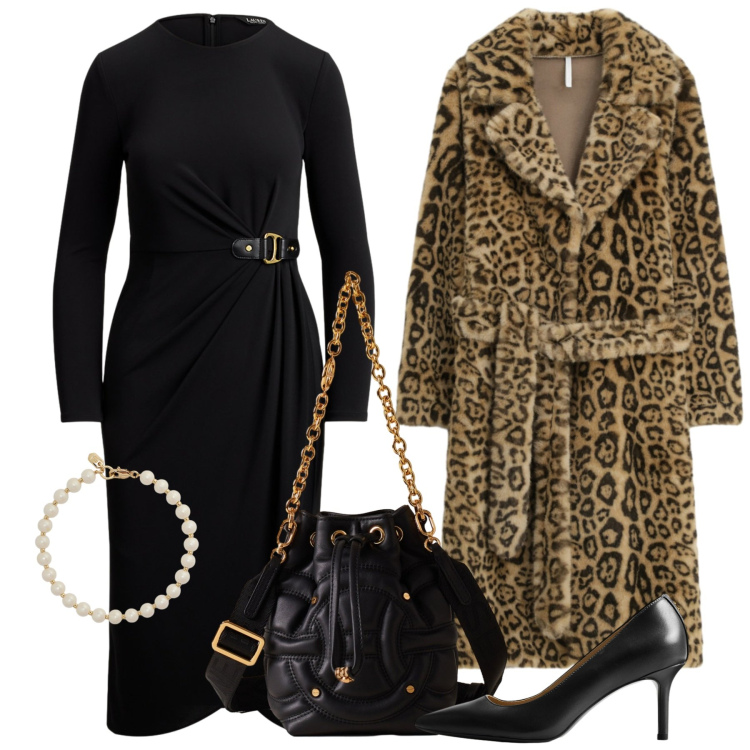 Outfit donna - Animalier - @laurafo. Stile Chic per Serata fuori. Abbinamento con cappotti, borse a secchiello, vestiti, décolleté, braccialetti.