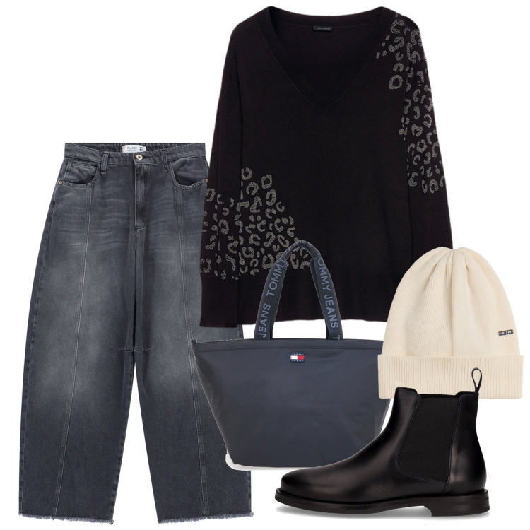 Outfit donna - Animalier - @laurafo. Stile Casual chic per Tutti i giorni. Abbinamento con pantaloni a palazzo, berretti, stivaletti chelsea, maglieria, borse tote.