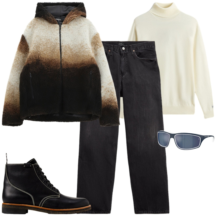 Outfit uomo - City. Stile Urban per Tutti i giorni. Abbinamento con giacche, occhiali da sole, jeans, stivali, maglieria.