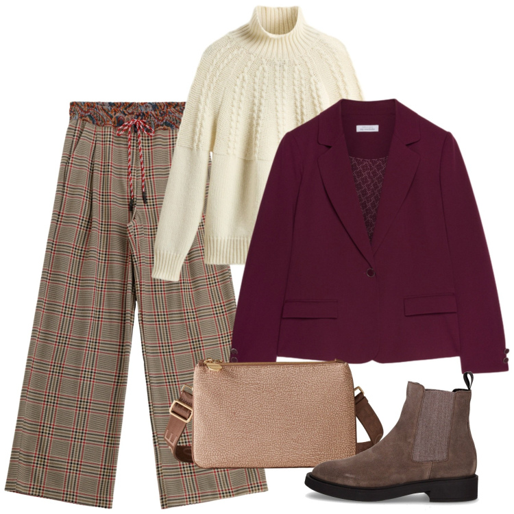 Outfit donna - I pantaloni a gamba larga. Stile Bon Ton per Tutti i giorni. Abbinamento con borse a tracolla, pantaloni a palazzo, maglieria, blazer, stivaletti chelsea.
