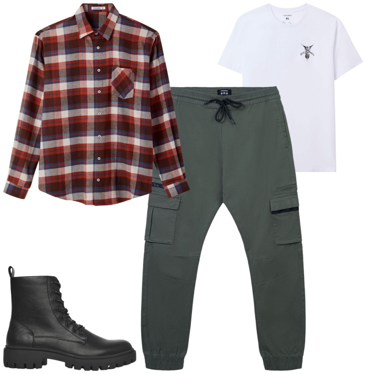 Outfit uomo - City. Stile Urban per Tutti i giorni. Abbinamento con anfibi, pantaloni cargo, t-shirt, camicie.