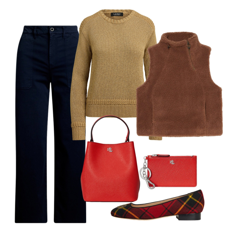 Outfit donna - I pantaloni a gamba larga. Stile Bon Ton per Ufficio. Abbinamento con maglieria, pantaloni, ballerine, borse a secchiello, portafogli, gilet.