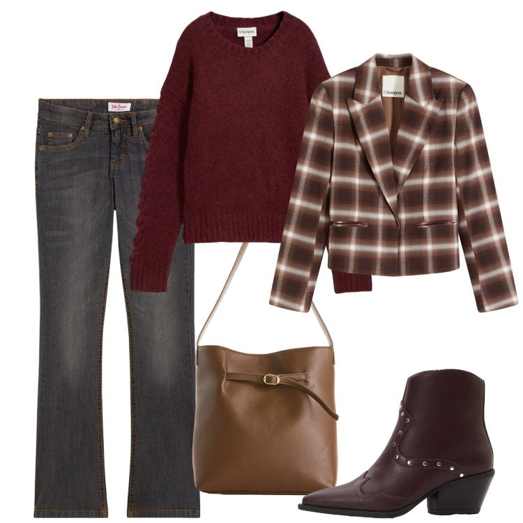 Outfit donna - bonprix - DAY TO NIGHT. Stile Casual chic per Tutti i giorni. Abbinamento con stivaletti texani, jeans bootcut, blazer, maglieria, borse a mano.