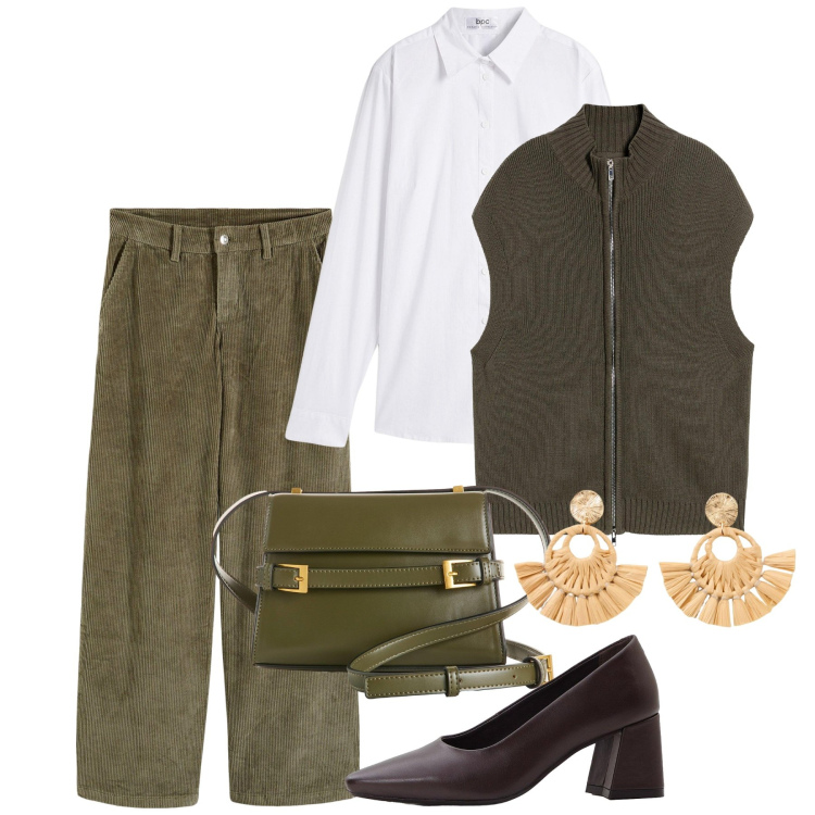 Outfit donna - bonprix - DAY TO NIGHT. Stile Bon Ton per Tutti i giorni. Abbinamento con camicie, orecchini, pantaloni, maglieria, décolleté, borse a tracolla.