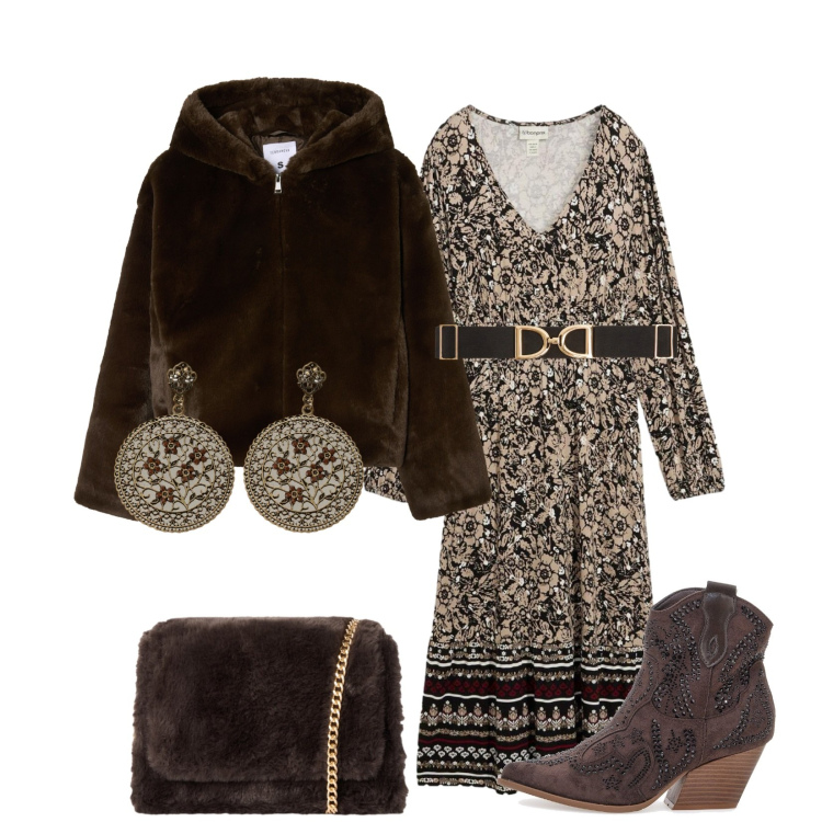 Outfit donna - Total look #2284525. Stile Boho per Tutti i giorni. Abbinamento con vestiti lunghi, ecopellicce, cinture, borse a tracolla, orecchini, stivaletti texani.