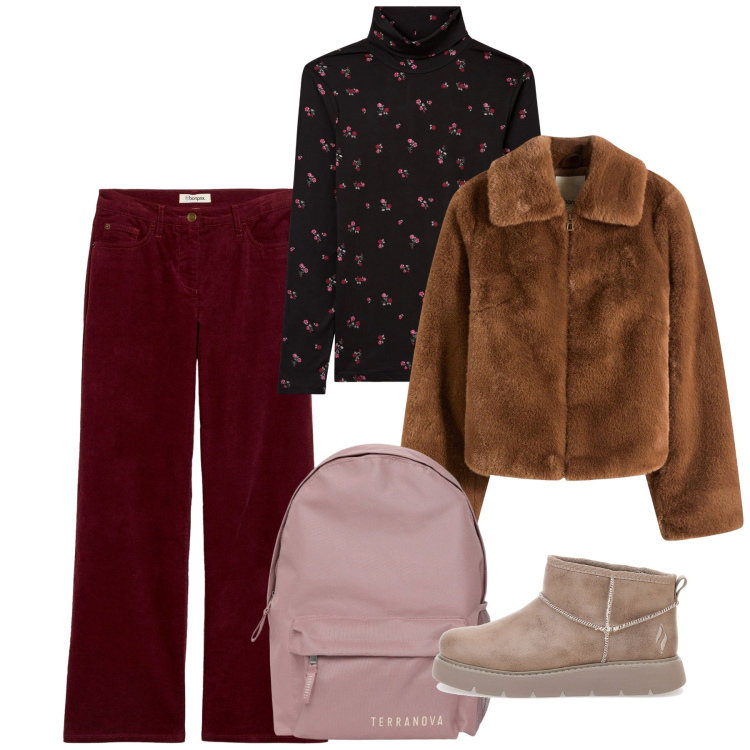 Outfit donna - Piedi caldi. Stile Basic per Scuola/Università. Abbinamento con ecopellicce, pantaloni, t-shirt, zaini, stivaletti.