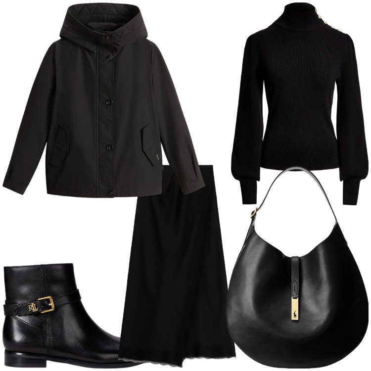 Outfit donna - All black. Stile Chic per Ufficio. Abbinamento con gonne lunghe, borse a spalla, maglieria, stivaletti, blazer.