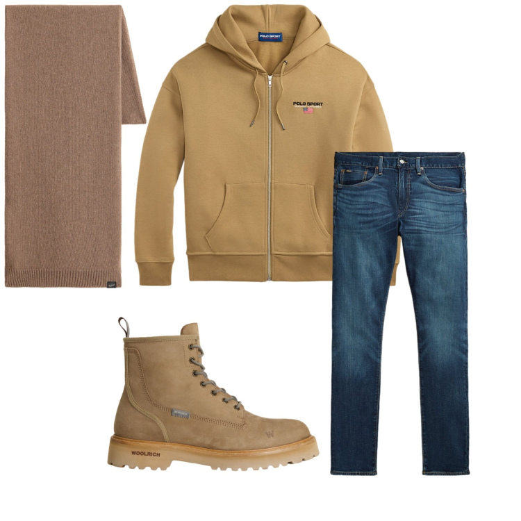 Outfit uomo - Total look #2284528. Stile Casual per Tutti i giorni. Abbinamento con felpe con cappuccio, jeans, anfibi, sciarpe.