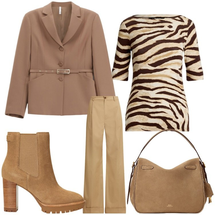 Outfit donna - Animalier. Stile Chic per Ufficio. Abbinamento con blazer, t-shirt, pantaloni, stivaletti chelsea, borse a mano.