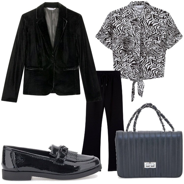 Outfit donna - Nero animalier. Stile Chic per Ufficio. Abbinamento con camicie a manica corta, pantaloni, blazer, borse a tracolla, mocassini.