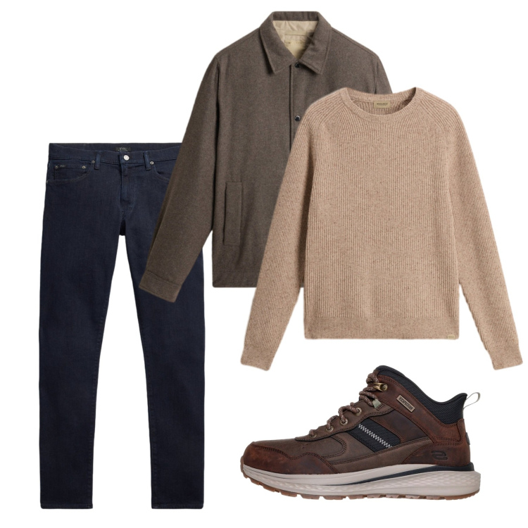 Outfit uomo - Fall. Stile Casual per Tutti i giorni. Abbinamento con jeans, maglieria, cappotti, stivali e stivaletti.