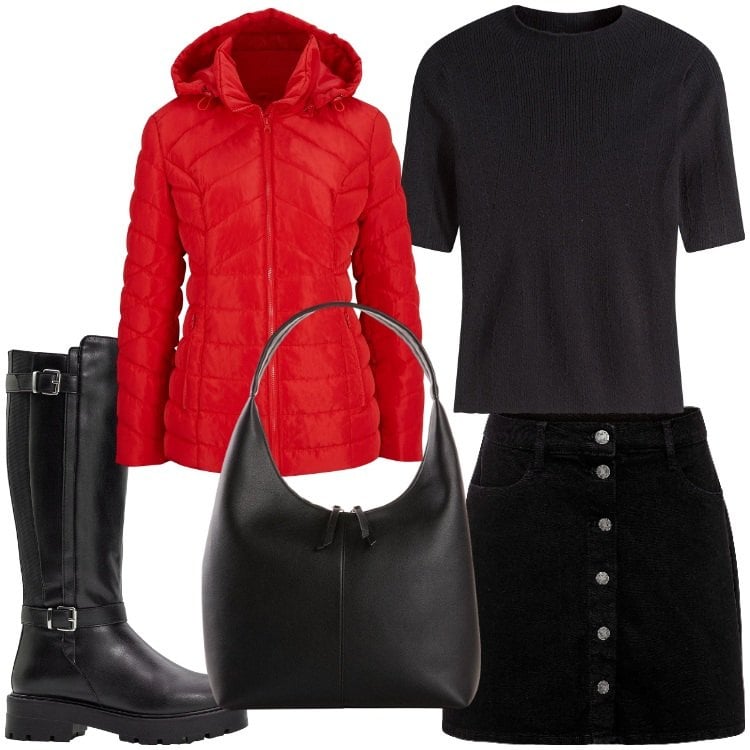 Outfit donna - Un goccio di rosso. Stile Casual chic per Tutti i giorni. Abbinamento con gonne, stivali, shopping bag, giacche, maglieria.