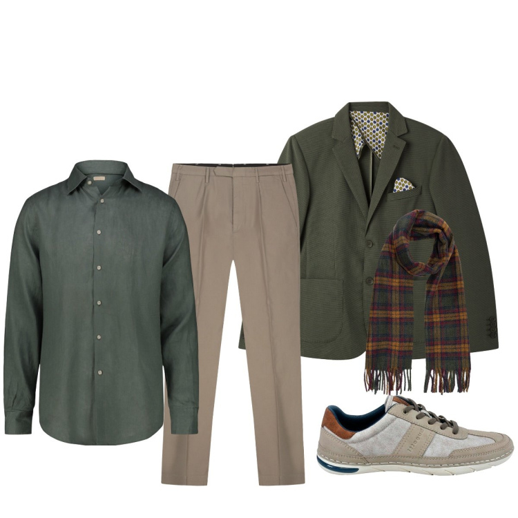 Outfit uomo - Giornata fresca. Stile Trendy per Tutti i giorni. Abbinamento con giacche, sneakers, camicie, sciarpe, pantaloni.