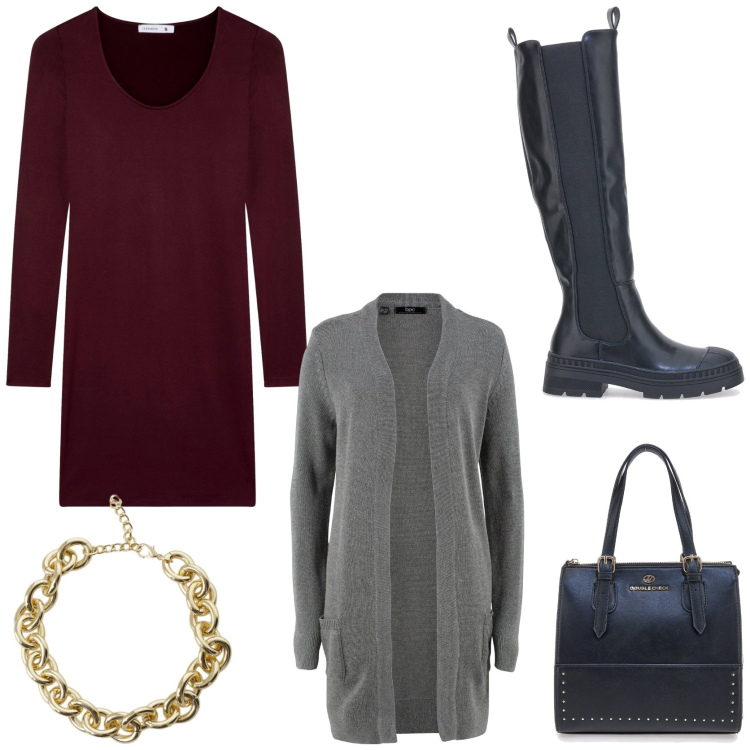 Outfit donna - Comfy outfit in ufficio. Stile Casual chic per Ufficio. Abbinamento con cardigans, vestiti corti, collane, stivali, borse a mano.