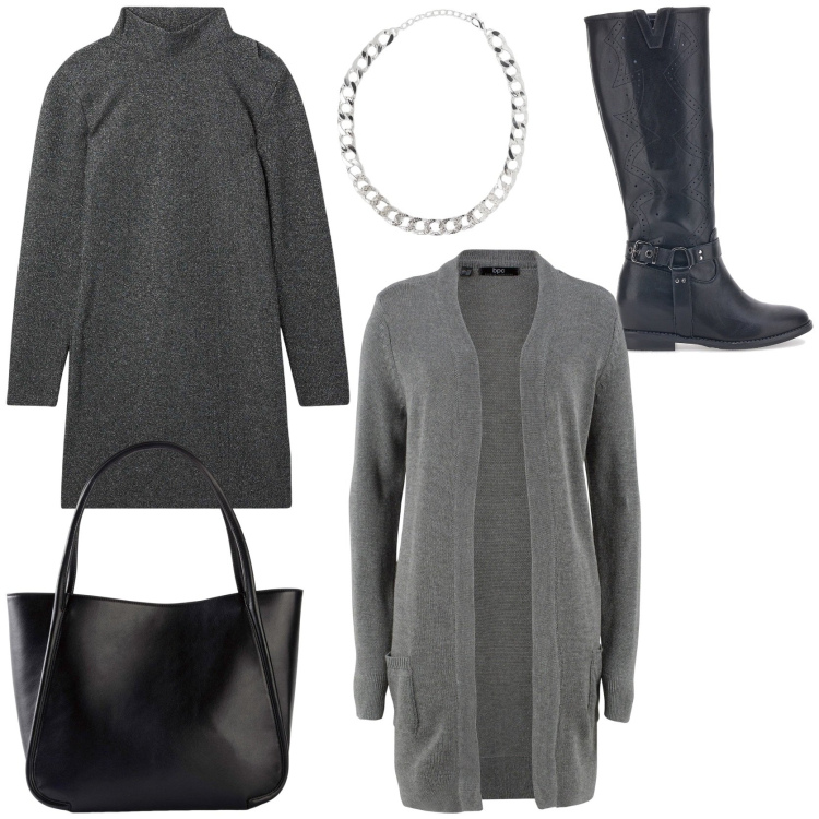Outfit donna - Grey look. Stile Urban per Ufficio. Abbinamento con cardigans, shopping bag, vestiti corti, collane, stivali.