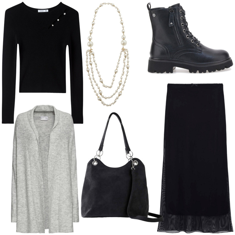 Outfit donna - Comfy chic. Stile Chic per Tutti i giorni. Abbinamento con cardigans, borse a mano, maglieria, gonne lunghe, collane, anfibi.