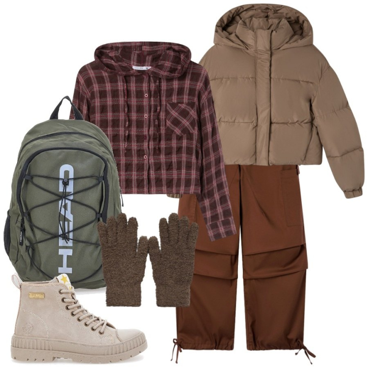 Outfit donna - Gita in montagna. Stile Sporty chic per Sport. Abbinamento con bomber, camicie, pantaloni cargo, guanti, anfibi, zaini.