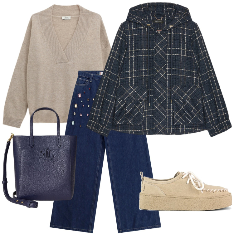 Outfit donna - Urban curvy. Stile Urban per Tutti i giorni. Abbinamento con jeans, maglieria, borse tote, blazer, mocassini.