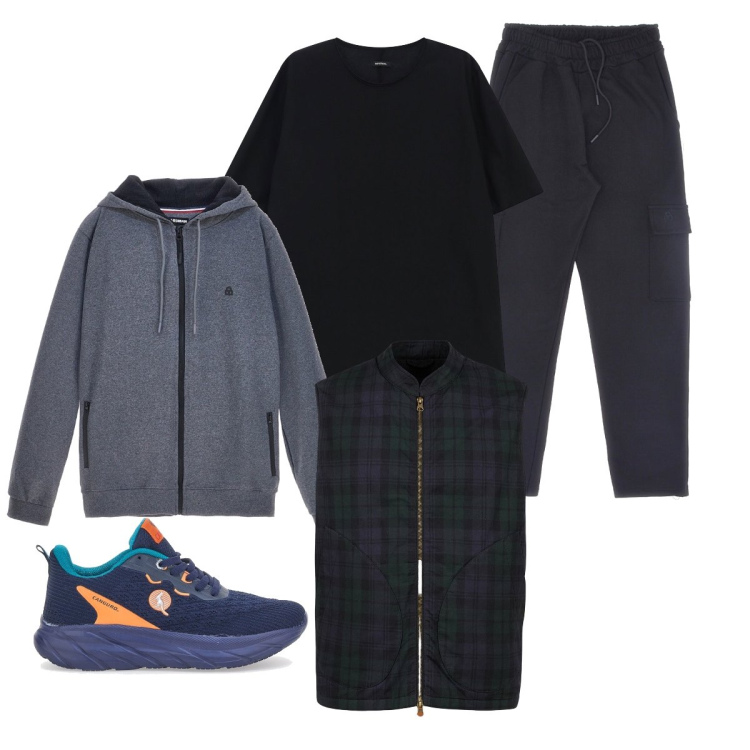 Outfit uomo - Serata con gli amici. Stile Casual per Tutti i giorni. Abbinamento con t-shirt, felpe con cappuccio, pantaloni cargo, piumini, sneakers.