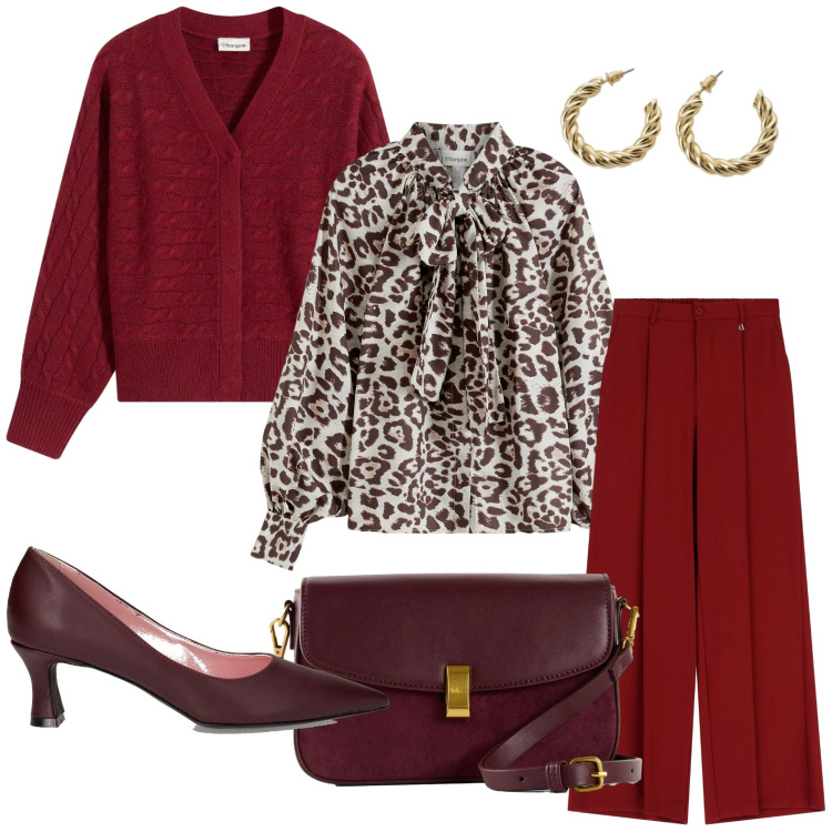 Outfit donna - I pantaloni a gamba larga. Stile Chic per Ufficio. Abbinamento con borse a mano, camicie, cardigans, pantaloni a palazzo, orecchini, décolleté.