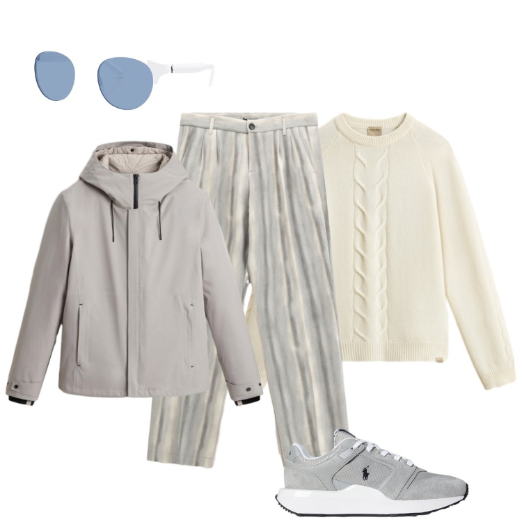 Outfit uomo - Giornata in grigio. Stile Casual per Tutti i giorni. Abbinamento con pantaloni, sneakers, occhiali da sole, maglieria, giacche.