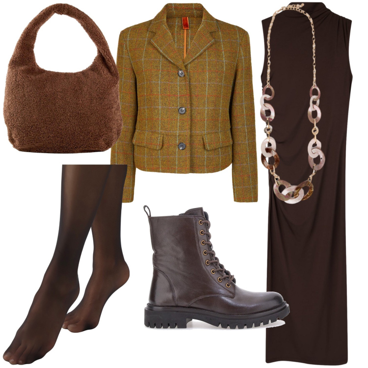 Outfit donna - Total look. Stile Urban per Ufficio. Abbinamento con shopping bag, vestiti lunghi, collant, blazer, anfibi, collane.