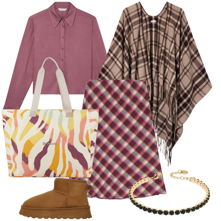 Outfit donna - Allegria. Stile Trendy per Tutti i giorni. Abbinamento con cappotti, stivali, camicie, braccialetti, shopping bag, gonne.