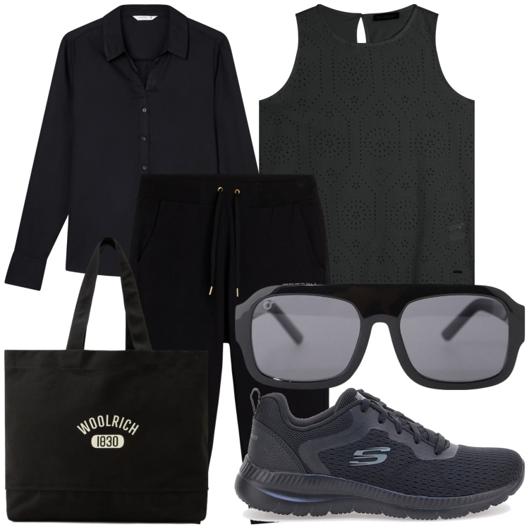 Outfit donna - Black power. Stile Trendy per Tutti i giorni. Abbinamento con camicie, canottiere, pantaloni, occhiali da sole, borse tote, sneakers.