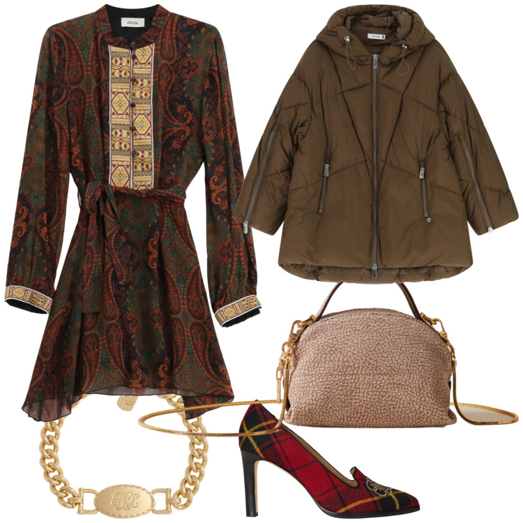 Outfit donna - Etnica a cena. Stile Etnico per Serata fuori. Abbinamento con piumini, borse a mano, vestiti corti, braccialetti, décolleté.