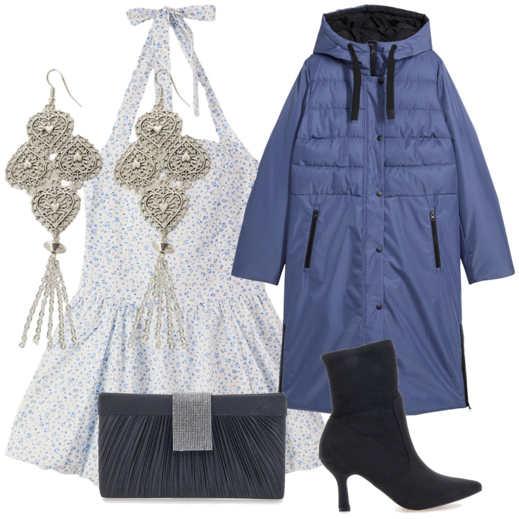 Outfit donna - E sotto il vestito estivo. Stile Trendy per Serata fuori. Abbinamento con piumini, vestiti corti, orecchini, stivaletti, pochette.