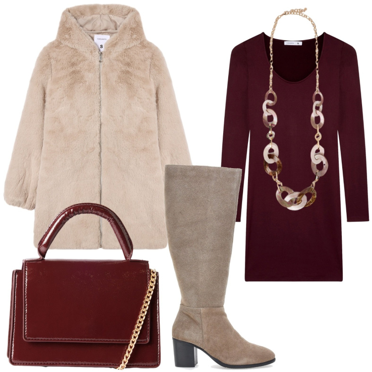 Outfit donna - Chic. Stile Chic per Ufficio. Abbinamento con vestiti corti, cappotti, borse a tracolla, stivali, collane.