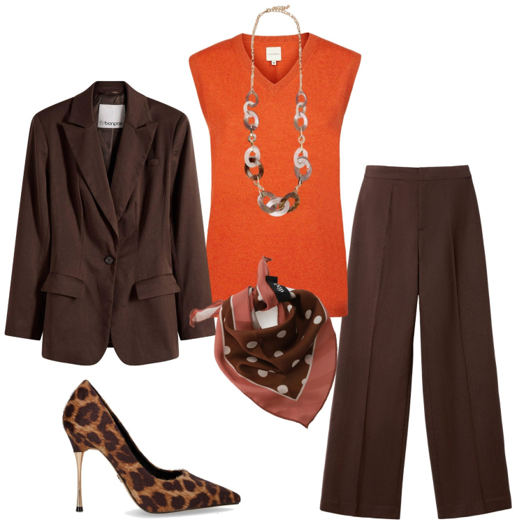 Outfit donna - Total look #2284614. Stile Etnico per Ufficio. Abbinamento con blazer, pantaloni, foulard, maglieria, collane, décolleté.